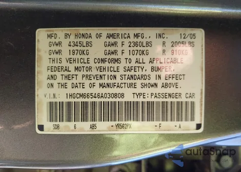 2006 Honda Accord 3.0 Ex from USA, damaged, VIN 1HGCM66546A030808